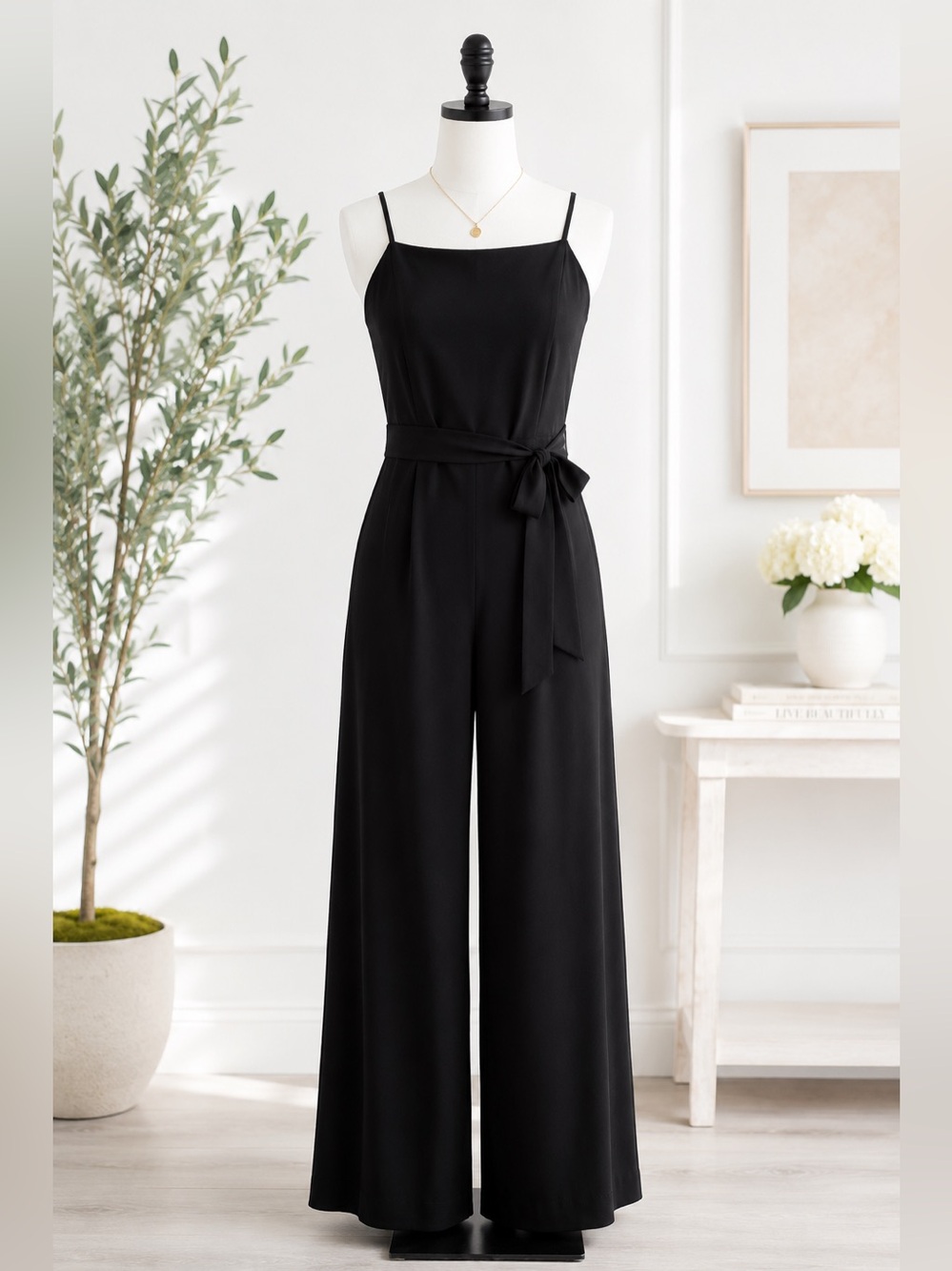 NWT Nine West Black Wide-Leg Spaghetti-Strap Jumpsuit with Tie Waist